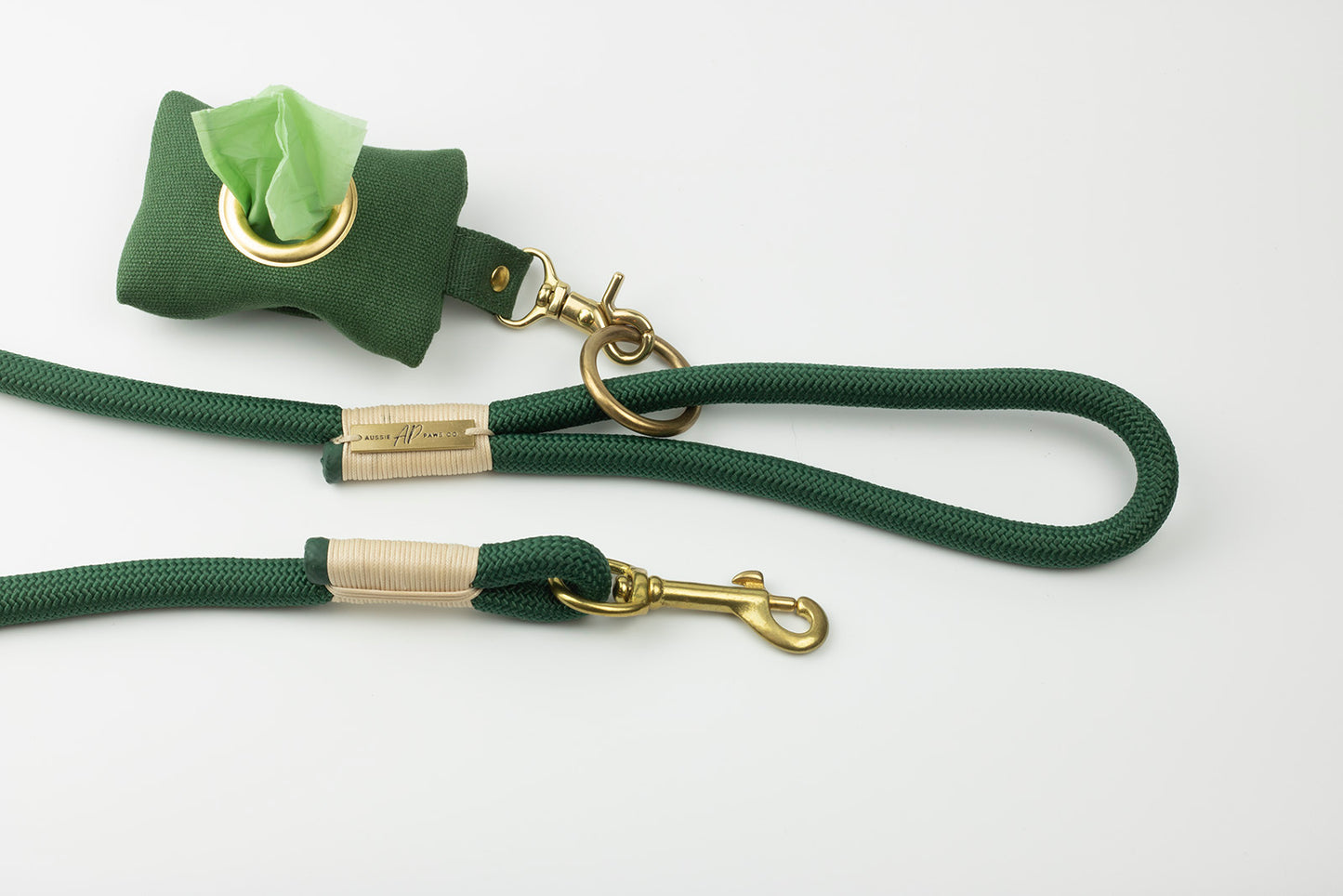 Rope Lead, Collar Dog & Poo Bag | Walking Set | Forest Green