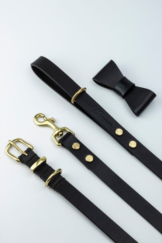 Italian Leather Dog Collar and Lead Set | Black