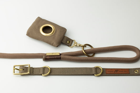 Rope Lead, Collar & Poo Bag | Dog Walking Set | Mocca Brown