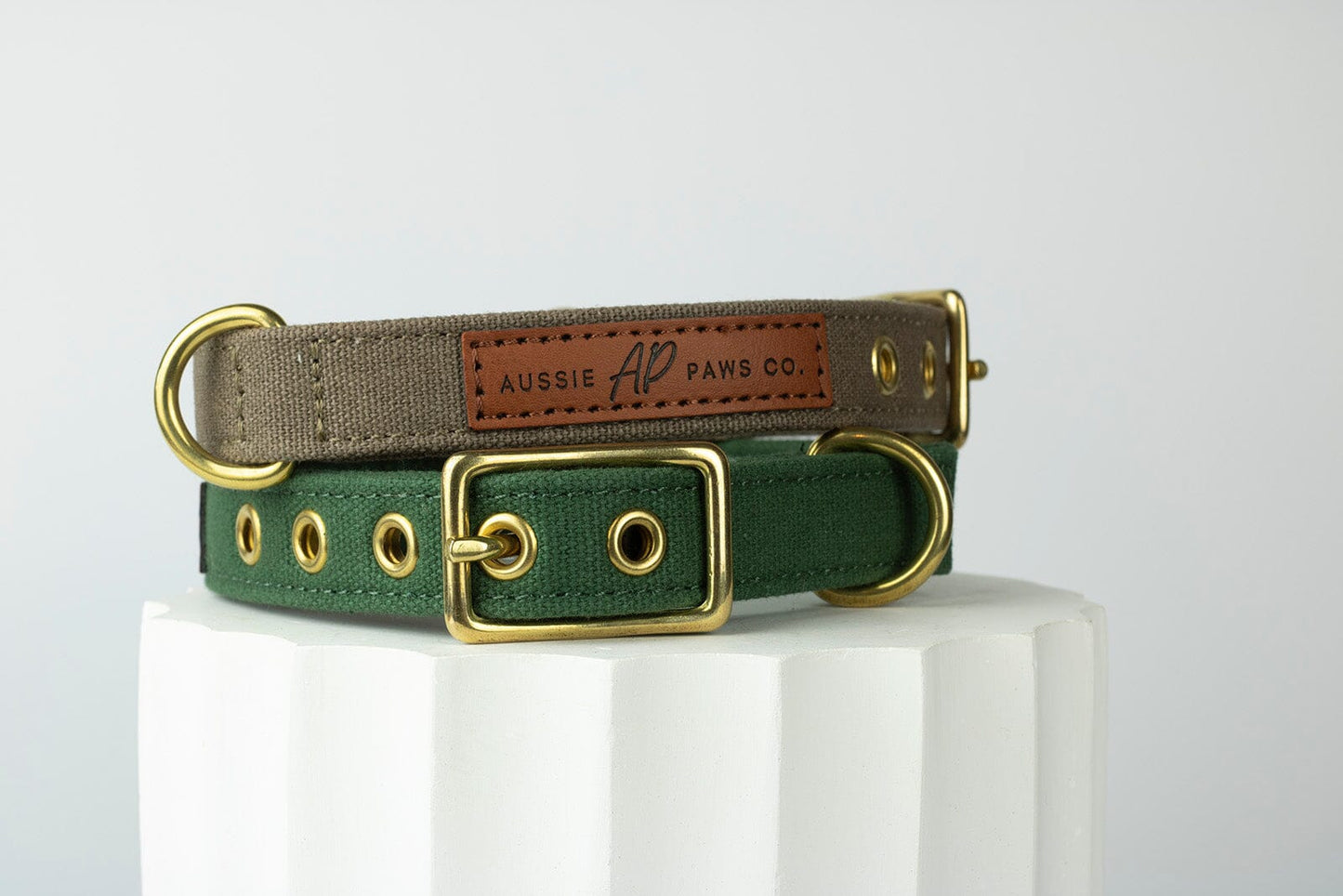 green and brown dog collars