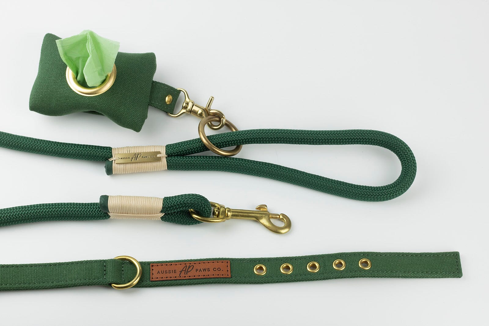 green canvas dog poo bag holder and green dog collar and green rope dog leash set